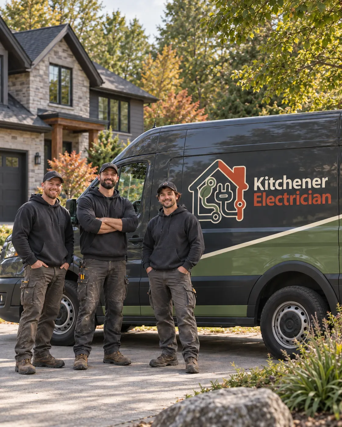Three Kitchener Electrician technicians standing beside a branded service van outside a residential home