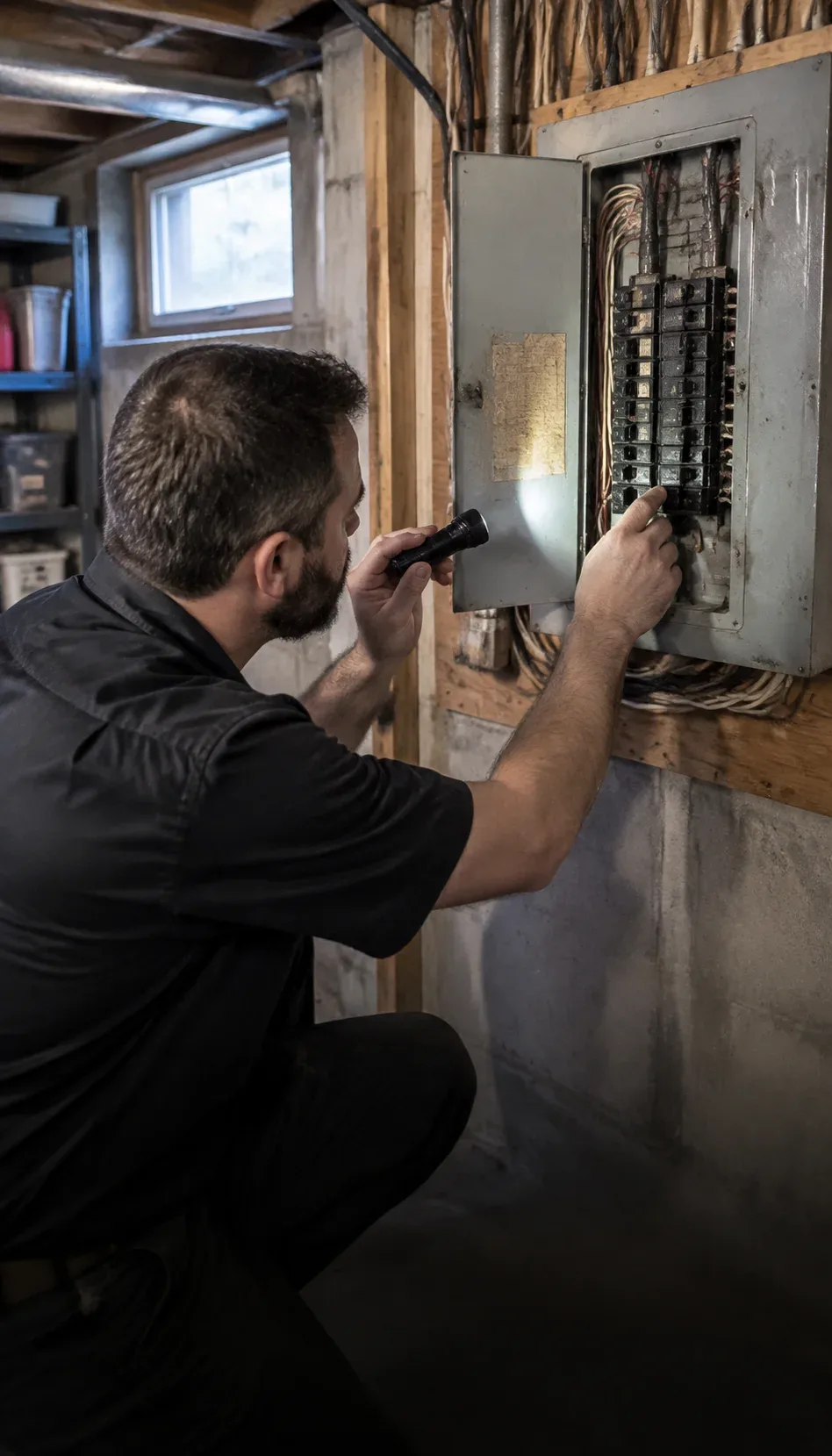 Electrician inspecting an electrical issue at a Kitchener home