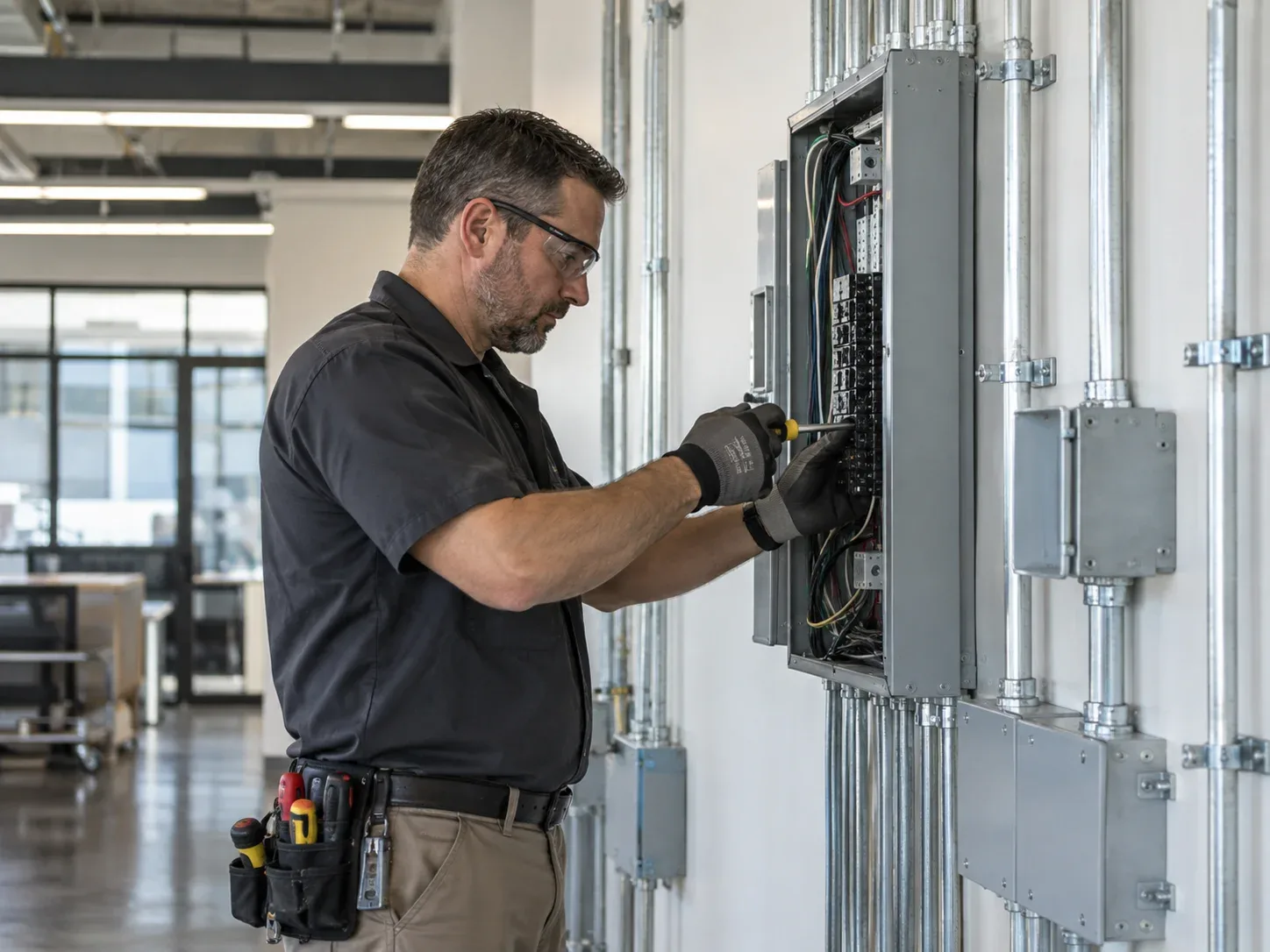 Commercial electrician completing electrical work in Kitchener