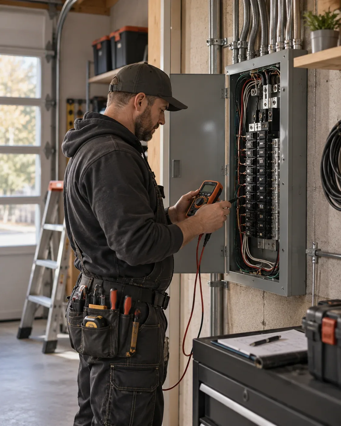 Electrician working near residential electrical equipment during a panel upgrade in Kitchener