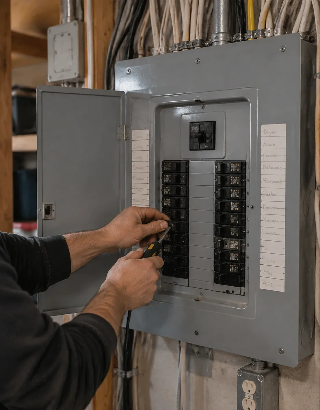 Electrician evaluating electrical equipment in a Kitchener home before a panel upgrade