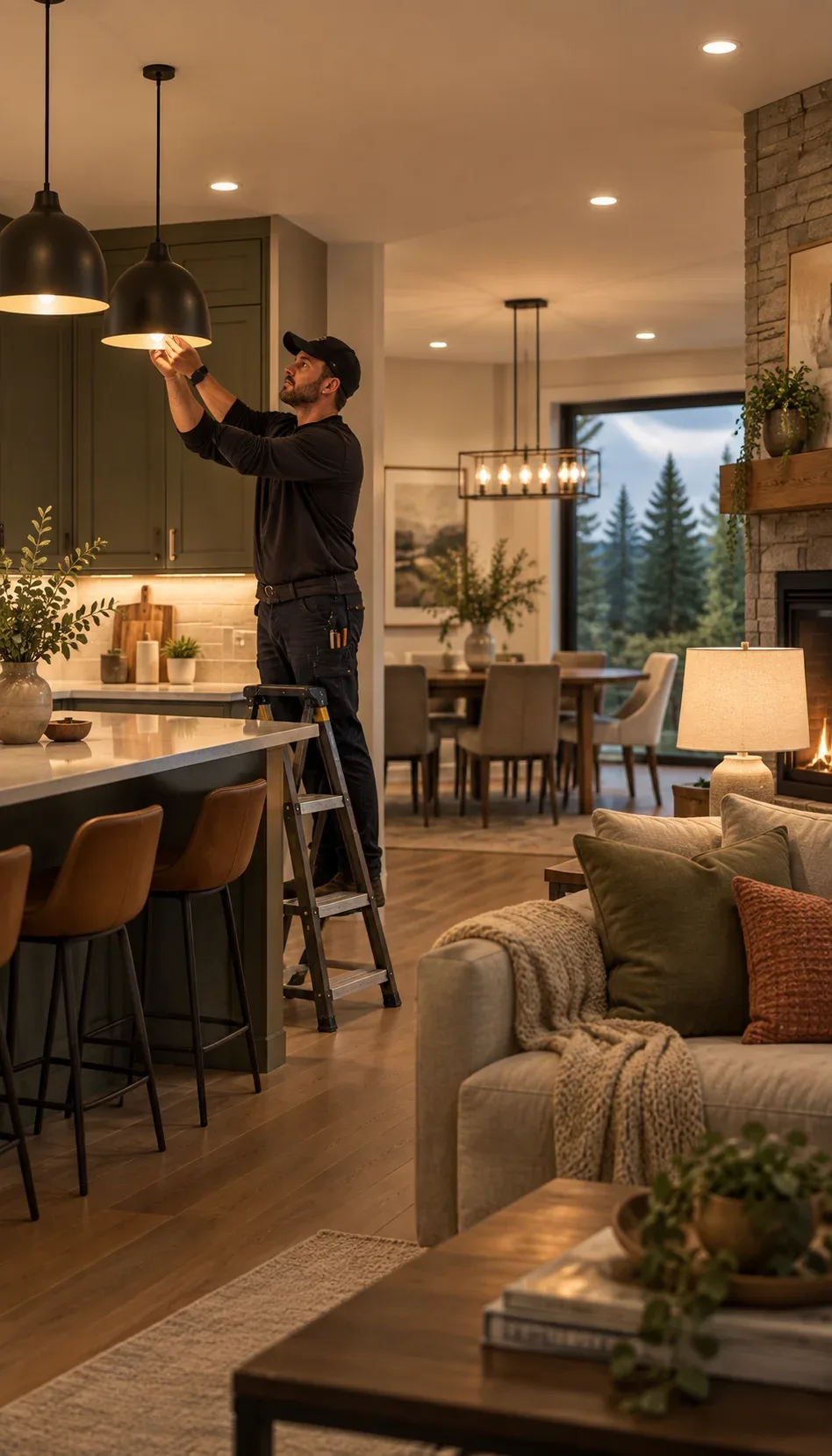 Finished living space with layered indoor lighting in Kitchener