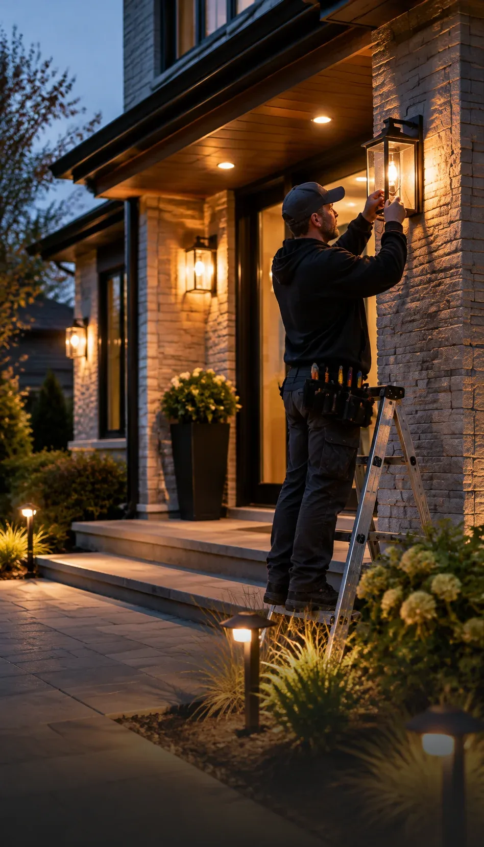 Residential exterior with installed outdoor lighting in Kitchener at dusk