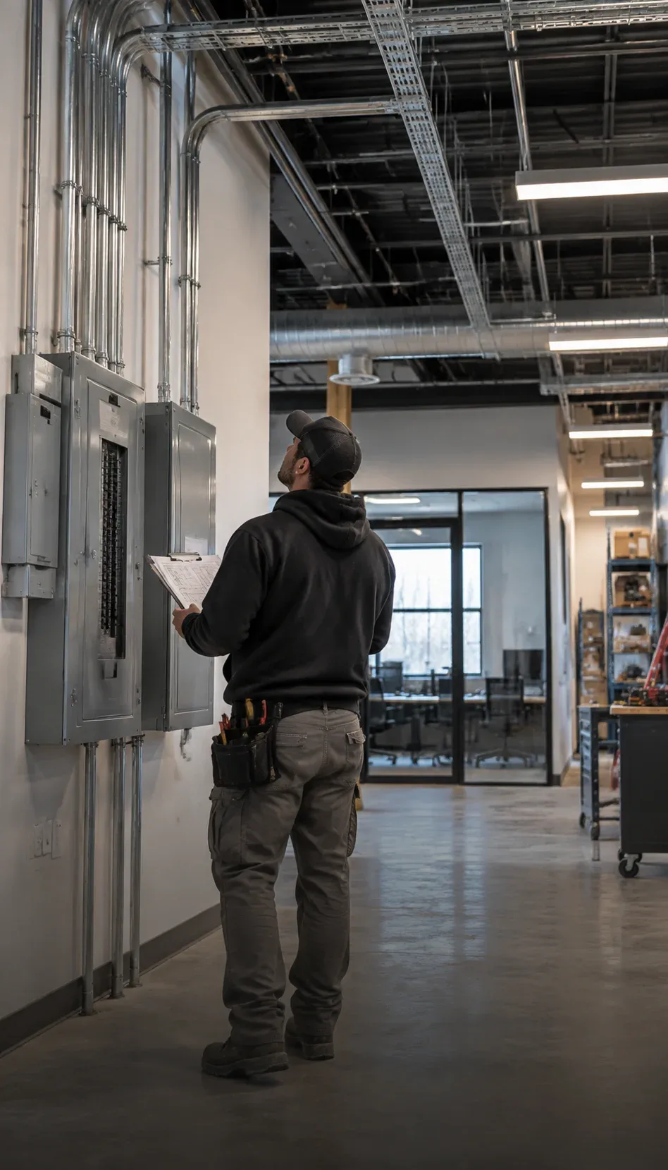 Electrician working inside an active commercial property in Kitchener