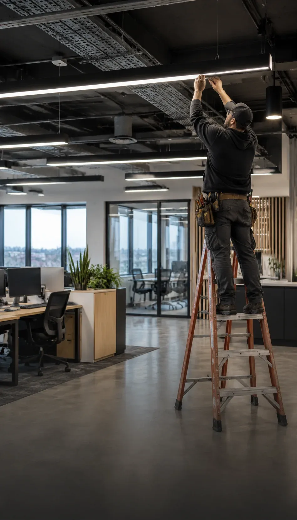 Electrician installing commercial lighting in an office workspace in Kitchener